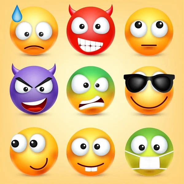 Smiley, emoticons prontos. Cara amarela com emoções. Expressão facial. 3d emoji realista. Caráter engraçado dos desenhos animados.Humor. Ícone Web. Ilustração vetorial . —  Vetores de Stock