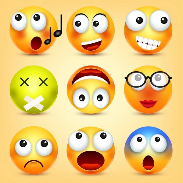 Sonriente, emoticonos listos. Cara amarilla con emociones. Expresión facial. emoji realista 3d. Personaje divertido de la historieta. Icono web. Ilustración vectorial . — Archivo Imágenes Vectoriales