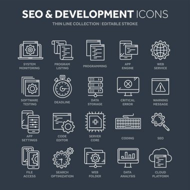 SEO ve uygulama geliştirme. Arama Motoru Optimizasyonu. Internet, e-ticaret. İnce çizgi mavi web simge seti. Anahat simgeleri koleksiyonu. Vektör çizim.