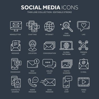 İletişim. Sosyal medya. Online sohbet. Telefon görüşmesi, app haberci. Mobil, smartphone. Computing.Email. ince çizgi mavi web simge seti. Anahat simgeleri koleksiyonu. Vektör çizim.