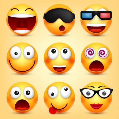 Smiley, ifadeleri ayarlayın. Sarı yüz duygularla. Yüz ifadesi. 3D gerçekçi emoji. Komik çizgi film karakteri. Ruh hali. Web simgesi. Vektör çizim.