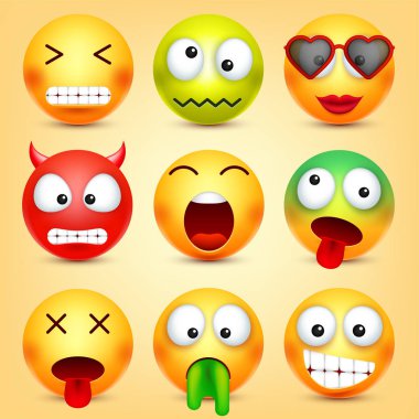 Smiley, ifadeleri ayarlayın. Sarı yüz duygularla. Yüz ifadesi. 3D gerçekçi emoji. Komik çizgi film karakteri. Ruh hali. Web simgesi. Vektör çizim.