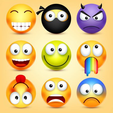 Smiley, ifadeleri ayarlayın. Sarı yüz duygularla. Yüz ifadesi. 3D gerçekçi emoji. Komik çizgi film karakteri. Ruh hali. Web simgesi. Vektör çizim.