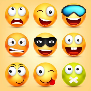Smiley, ifadeleri ayarlayın. Sarı yüz duygularla. Yüz ifadesi. 3D gerçekçi emoji. Komik çizgi film karakteri. Ruh hali. Web simgesi. Vektör çizim.