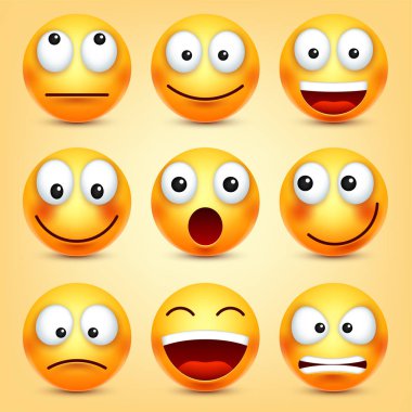 Smiley, ifadeleri ayarlayın. Sarı yüz duygularla. Yüz ifadesi. 3D gerçekçi emoji. Komik çizgi film karakteri. Ruh hali. Web simgesi. Vektör çizim.