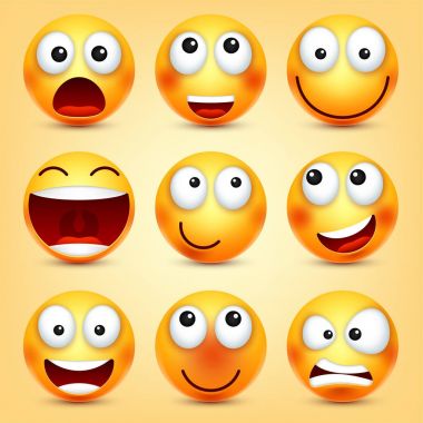 Smiley, ifadeleri ayarlayın. Sarı yüz duygularla. Yüz ifadesi. 3D gerçekçi emoji. Komik çizgi film karakteri. Ruh hali. Web simgesi. Vektör çizim.