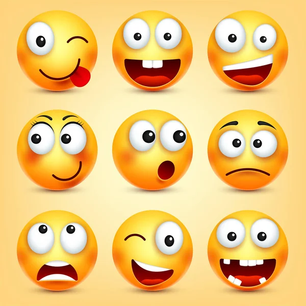 Smiley, ifadeleri ayarlayın. Sarı yüz duygularla. Yüz ifadesi. 3D gerçekçi emoji. Komik çizgi film karakteri. Ruh hali. Web simgesi. Vektör çizim.