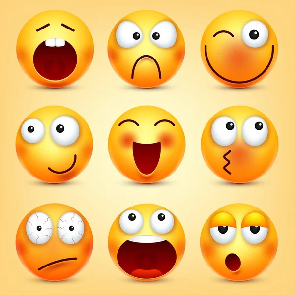 Sonriente, emoticonos listos. Cara amarilla con emociones. Expresión facial. emoji realista 3d. Personaje divertido de la historieta. Icono web. Ilustración vectorial . — Archivo Imágenes Vectoriales