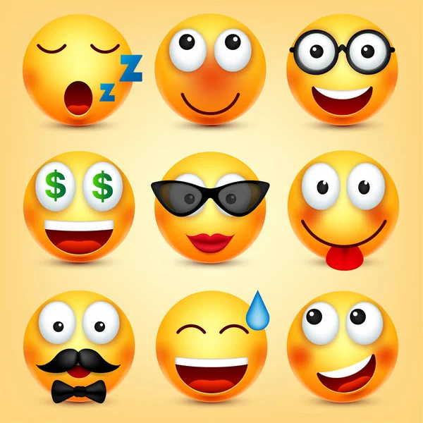 Smiley, ensemble émoticônes. Visage jaune avec des émotions. Expression faciale. emoji réaliste 3d. Caractère de dessin animé drôle.Mood. Icône Web. Illustration vectorielle . — Image vectorielle