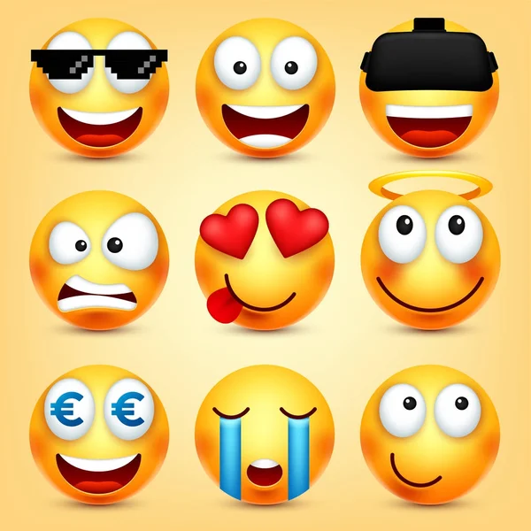 Smiley, ifadeleri ayarlayın. Sarı yüz duygularla. Yüz ifadesi. 3D gerçekçi emoji. Komik çizgi film karakteri. Ruh hali. Web simgesi. Vektör çizim. — Stok Vektör