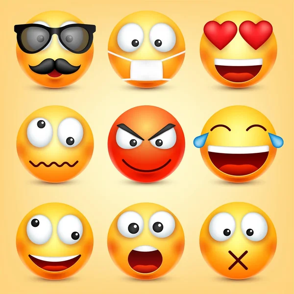 Sonriente, emoticonos listos. Cara amarilla con emociones. Expresión facial. emoji realista 3d. Personaje divertido de la historieta. Icono web. Ilustración vectorial . — Archivo Imágenes Vectoriales