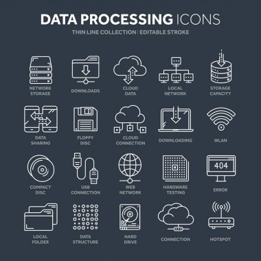 Bulut omputing. Internet teknolojisi. Çevrimiçi hizmetler. Veri işleme, bilgi güvenliği. Bağlantı. İnce çizgi web simge seti. Anahat simgeleri koleksiyonu. Vektör çizim.