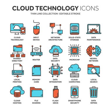 Bulut omputing. Internet teknolojisi. Çevrimiçi hizmetler. Veri, bilgi güvenliği. Bağlantı. İnce çizgi mavi web simge seti. Anahat simgeleri koleksiyonu. Vektör çizim.