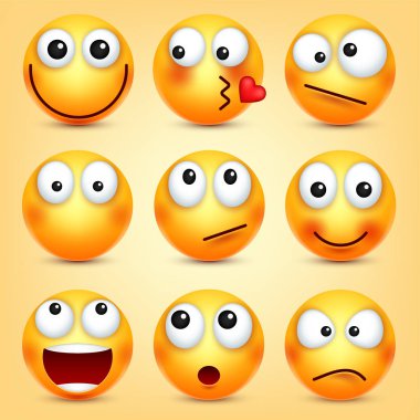 Smiley, ifadeleri ayarlayın. Sarı yüz duygularla. Yüz ifadesi. 3D gerçekçi emoji. Komik çizgi film karakteri. Ruh hali. Web simgesi. Vektör çizim.