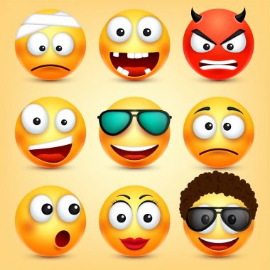 Smiley, ifadeleri ayarlayın. Sarı yüz duygularla. Yüz ifadesi. 3D gerçekçi emoji. Komik çizgi film karakteri. Ruh hali. Web simgesi. Vektör çizim.