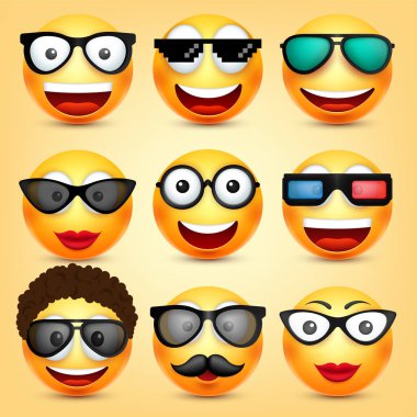 Smiley, ifadeleri ayarlayın. Sarı yüz duygularla. Yüz ifadesi. 3D gerçekçi emoji. Komik çizgi film karakteri. Ruh hali. Web simgesi. Vektör çizim.