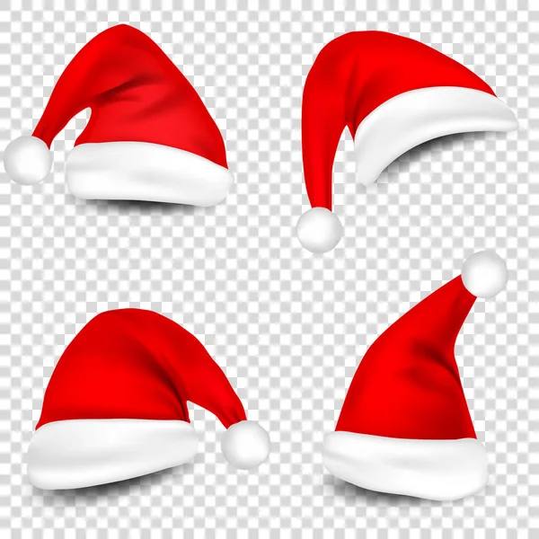 Christmas Santa Claus hoeden met schaduw instellen. Nieuw jaar Red Hat geïsoleerd op transparante achtergrond. Vectorillustratie. — Stockvector