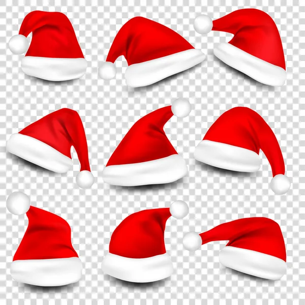 Christmas Santa Claus hoeden met schaduw instellen. Nieuw jaar Red Hat geïsoleerd op transparante achtergrond. Vectorillustratie. — Stockvector