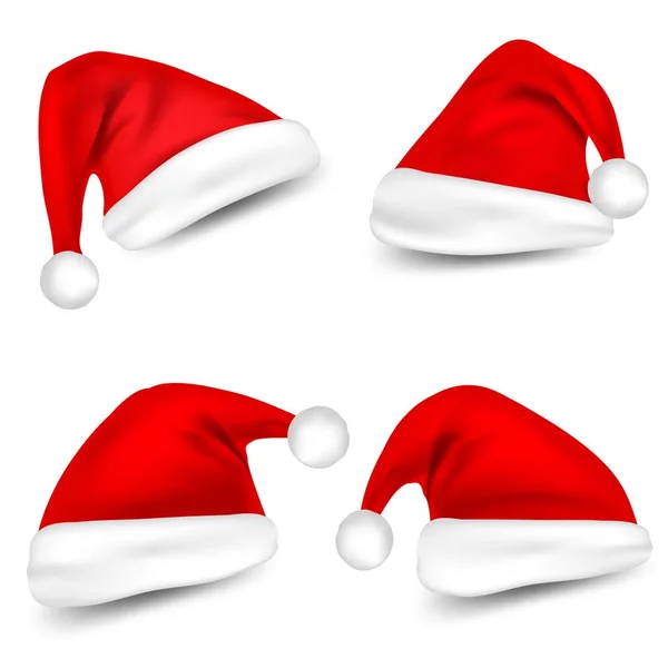 Ορίστε Χριστούγεννα καπέλα Άγιου Βασίλη με σκιά. Νέο έτος κόκκινο καπέλο που απομονώνονται σε λευκό φόντο. Εικονογράφηση διάνυσμα. — Διανυσματικό Αρχείο