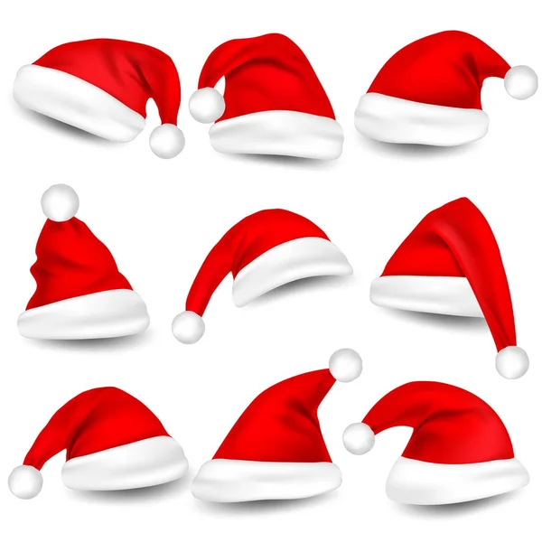 Christmas Santa Claus Hats With Shadow Set. New Year Red Hat Isolated on White Background. Vector illustration. — Stock Vector