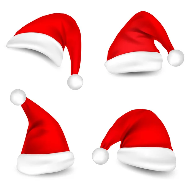 Christmas Santa Claus Hats With Shadow Set. New Year Red Hat Isolated on White Background. Vector illustration. — Stock Vector