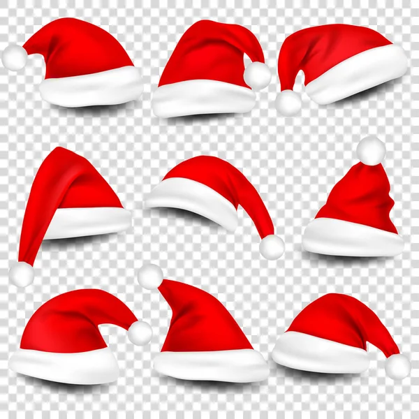 Ορίστε Χριστούγεννα καπέλα Άγιου Βασίλη με σκιά. Νέο έτος κόκκινο καπέλο απομονώνονται σε διαφανές φόντο. Εικονογράφηση διάνυσμα. — Διανυσματικό Αρχείο