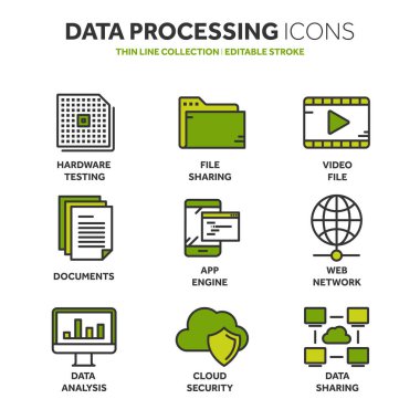 Bulut bilgisayar. Internet teknolojisi. Çevrimiçi hizmetler. Veri, bilgi güvenliği. Bağlantı. İnce çizgi mavi web simge seti. Anahat simgeleri koleksiyonu. Vektör çizim.