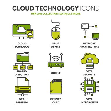 Bulut bilgisayar. Internet teknolojisi. Çevrimiçi hizmetler. Veri, bilgi güvenliği. Bağlantı. İnce çizgi mavi web simge seti. Anahat simgeleri koleksiyonu. Vektör çizim.