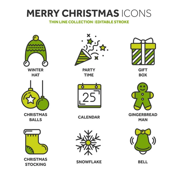 Karácsony és újév. Téli ünnepek. Santa. December. Vékony vonal webes icon set. Vázlatos ikonok gyűjtemény. Vektoros illusztráció. — Stock Vector