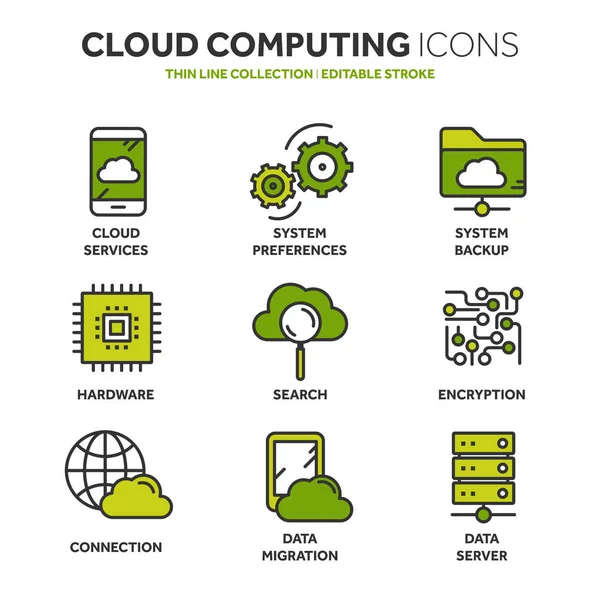 Computação em nuvem. Tecnologia da Internet. Serviços online. Dados, segurança da informação. Ligação. Linha fina azul conjunto de ícones web. Desenho ícones collection.Vector ilustração . — Vetor de Stock