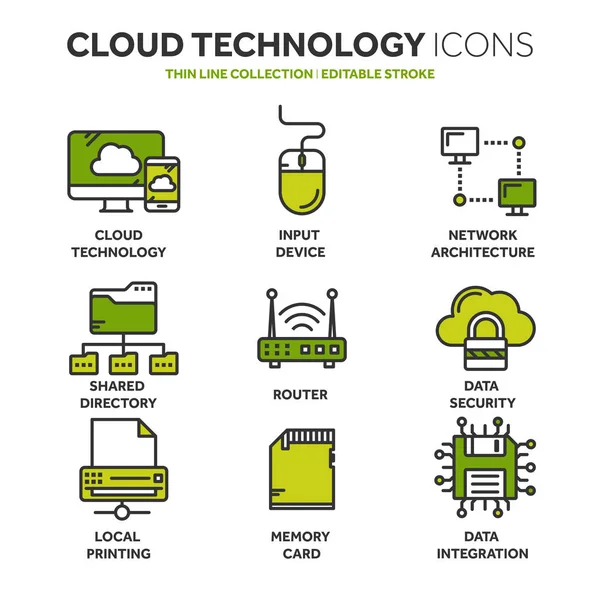 Computação em nuvem. Tecnologia da Internet. Serviços online. Dados, segurança da informação. Ligação. Linha fina azul conjunto de ícones web. Desenho ícones collection.Vector ilustração . — Vetor de Stock