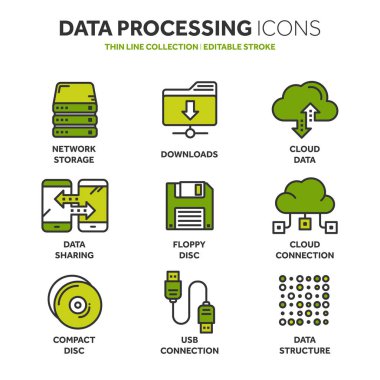 Bulut bilgisayar. Internet teknolojisi. Çevrimiçi hizmetler. Veri, bilgi güvenliği. Bağlantı. İnce çizgi mavi web simge seti. Anahat simgeleri koleksiyonu. Vektör çizim.
