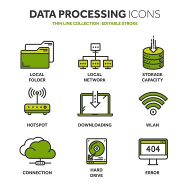 Bulut bilgisayar. Internet teknolojisi. Çevrimiçi hizmetler. Veri, bilgi güvenliği. Bağlantı. İnce çizgi mavi web simge seti. Anahat simgeleri koleksiyonu. Vektör çizim.