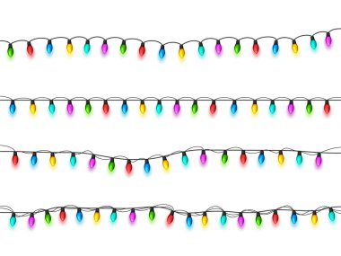 Beyaz arka planda parlayan Noel ışıkları. Renkli ampullü çelenkler. Noel tatili. Noel tebrik kartı tasarımı. Yeni yıl, kış.