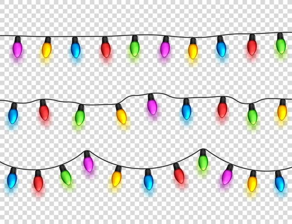 Christmas glowing lights on transparent background. Garlands with colored bulbs. Xmas holidays. Christmas greeting card design element. New year,winter. — Stock Vector