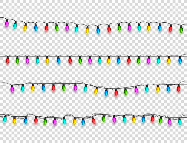 Gloeiende Kerstverlichting op transparante achtergrond. Slingers met gekleurde bollen. Xmas vakantie. Christmas wenskaart ontwerpelement. Nieuwjaar, winter. — Stockvector