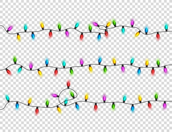 Luces brillantes navideñas sobre fondo transparente. Guirnaldas con bulbos de colores. Vacaciones de Navidad. Elemento de diseño de tarjeta de felicitación navideña. Año nuevo, invierno . — Vector de stock