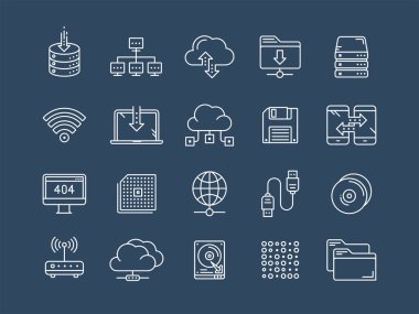 Bulut omputing. Internet teknolojisi. Çevrimiçi hizmetler. Veri işleme, bilgi güvenliği. Bağlantı. İnce çizgi web simge seti. Anahat simgeleri koleksiyonu. Vektör çizim.