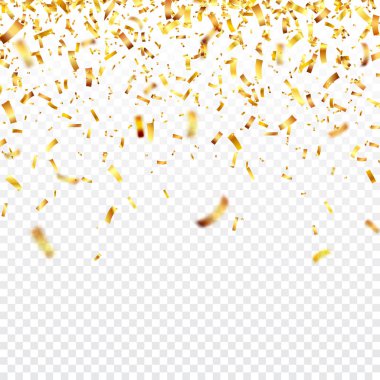 Noel altın konfetisi. Düşen parlak konfeti altın renginde parıldıyor. Yeni yıl, doğum günü, sevgililer günü tasarım öğesi. Tatil arkaplanı.