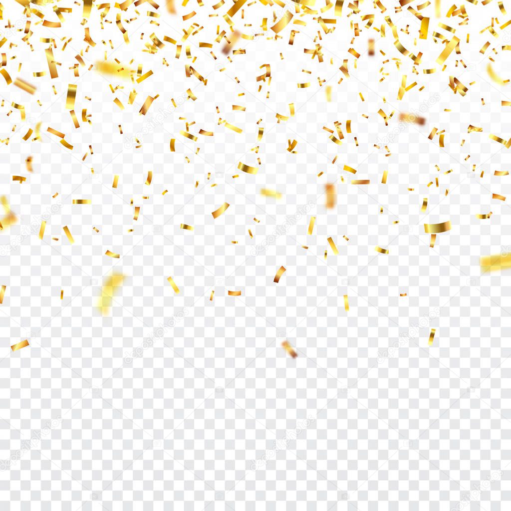 Christmas golden confetti. Falling shiny confetti glitters in gold color. New year, birthday, valentines day design element. Holiday background.