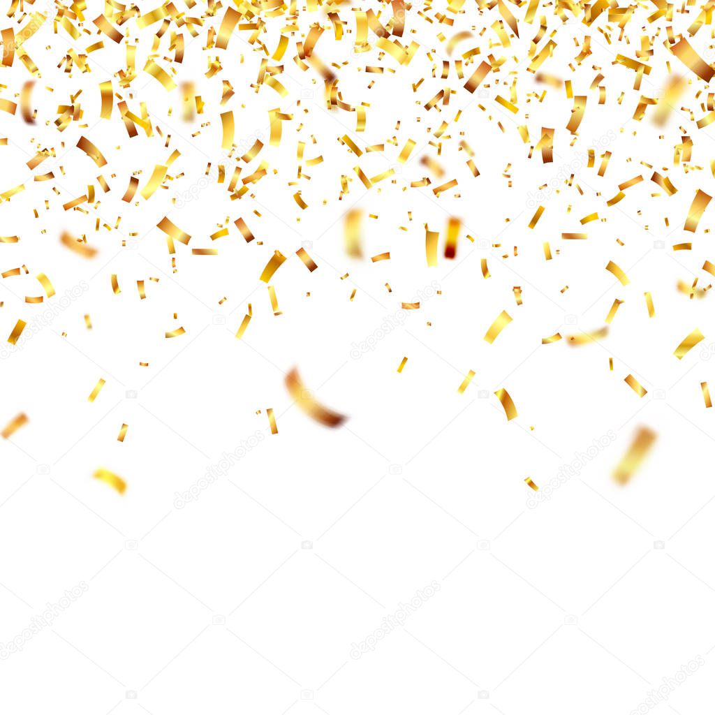 Christmas golden confetti. Falling shiny confetti glitters in gold color. New year, birthday, valentines day design element. Holiday background.
