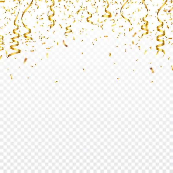 Kerst gouden confetti met lint. Dalende glanzende confetti glitters in gouden kleur. Nieuwjaar, een verjaardag, Valentijnsdag ontwerpelement. Vakantie achtergrond. — Stockvector