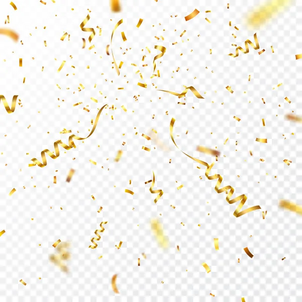 Confetti d'oro natalizi con nastro. Brillantini di coriandoli luccicanti in colore oro. Anno nuovo, compleanno, elemento di design di San Valentino. Sfondo vacanza . — Vettoriale Stock