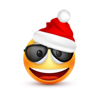 Gülen, ifade. Sarı emoji, duygu ve Noel şapka ile yüz. Yeni yıl, Santa.Winter. Üzgün, mutlu, kızgın yüzler. Komik çizgi film karakteri. Ruh hali. Vektör.