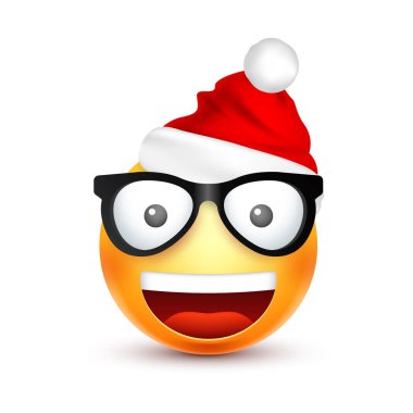 Gülen, ifade. Sarı emoji, duygu ve Noel şapka ile yüz. Yeni yıl, Santa.Winter. Üzgün, mutlu, kızgın yüzler. Komik çizgi film karakteri. Ruh hali. Vektör.