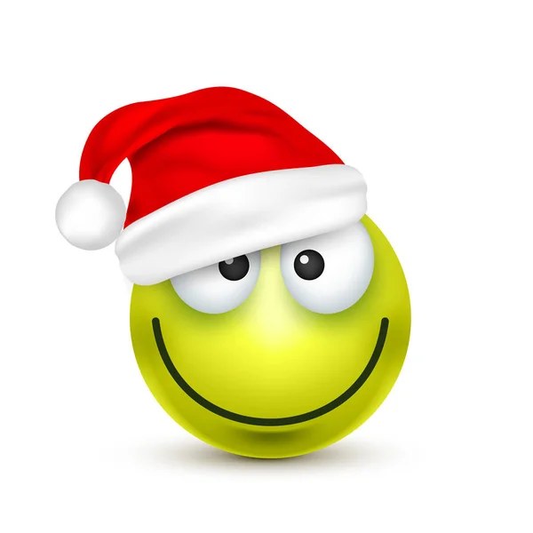 Sorridente, emoticon. Emoji verde, cara com emoções e chapéu de Natal. Ano Novo, Santa.Inverno. Caras tristes, felizes, irritadas.Caráter engraçado dos desenhos animados.Humor. Vetor . — Vetor de Stock