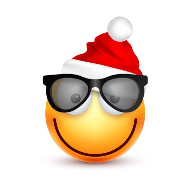 Gülen, ifade. Sarı emoji, duygu ve Noel şapka ile yüz. Yeni yıl, Santa.Winter. Üzgün, mutlu, kızgın yüzler. Komik çizgi film karakteri. Ruh hali. Vektör.