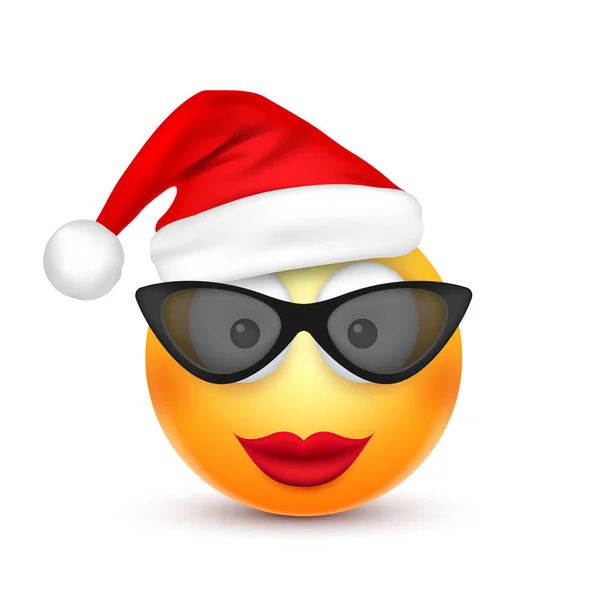 Sorridente, emoticon. Emoji amarelo, rosto com emoções e chapéu de Natal. Ano Novo, Santa.Inverno. Caras tristes, felizes, irritadas.Caráter engraçado dos desenhos animados.Humor. Vetor . — Vetor de Stock