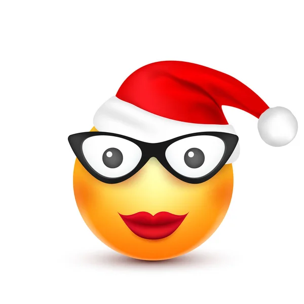 Gülen, ifade. Sarı emoji, duygu ve Noel şapka ile yüz. Yeni yıl, Santa.Winter. Üzgün, mutlu, kızgın yüzler. Komik çizgi film karakteri. Ruh hali. Vektör. — Stok Vektör