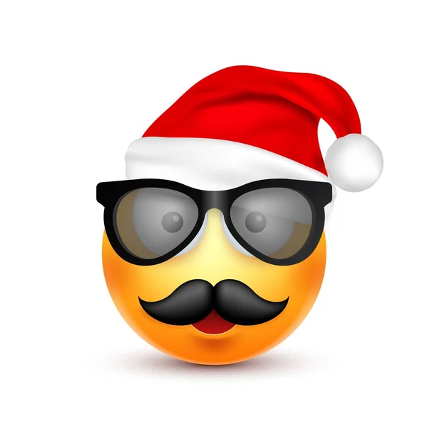 Gülen, ifade. Sarı emoji, duygu ve Noel şapka ile yüz. Yeni yıl, Santa.Winter. Üzgün, mutlu, kızgın yüzler. Komik çizgi film karakteri. Ruh hali. Vektör. — Stok Vektör